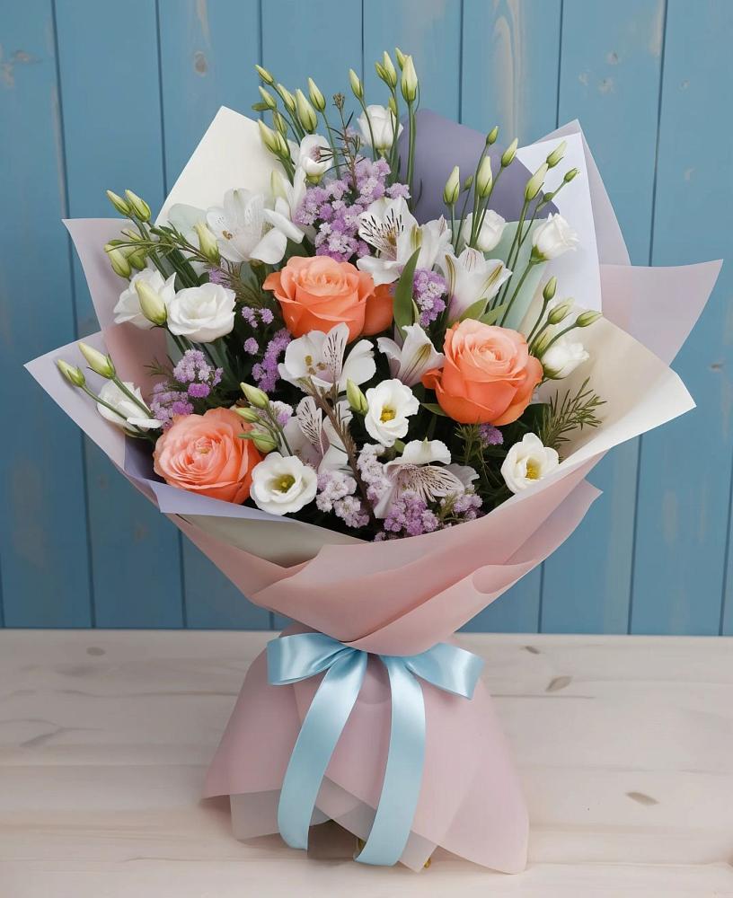 Букет цветов из: Лизиантусы, Розы, Альстромерии и Гипсофила в Большой Вишере