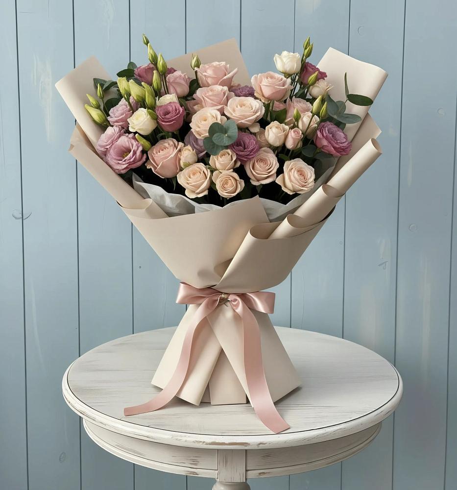 Букет цветов из: Розы и Лизиантусы в Большой Вишере